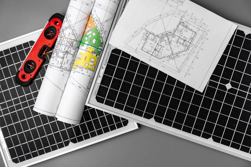 blueprints with a solar panel