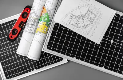 architectural blueprints with a solar panel on a table